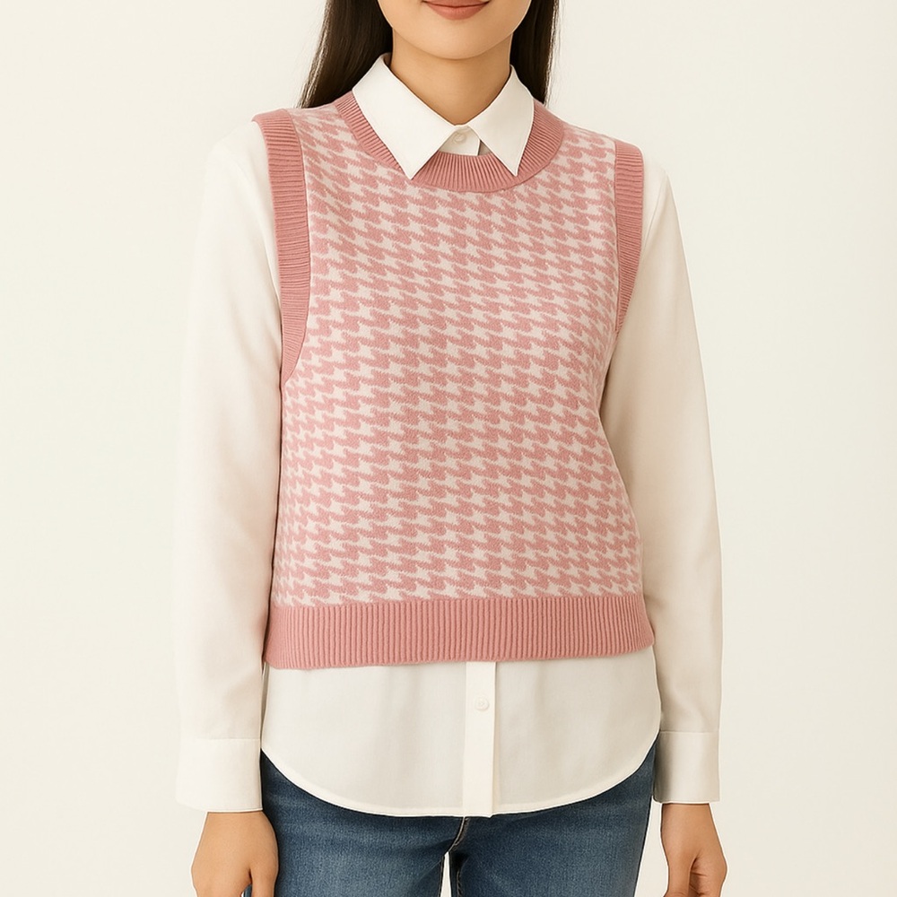 Allegra K Pink Houndstooth Sweater Vest Gingham